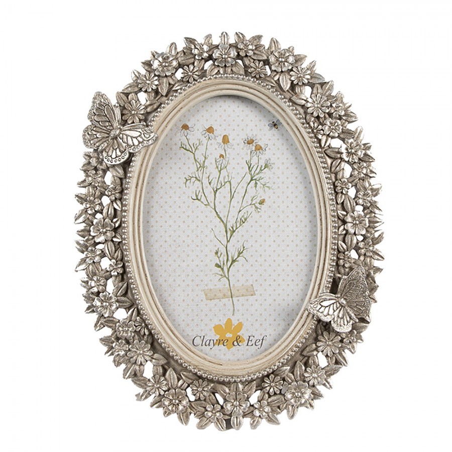Stříbrný oválný fotorámeček s motýlky a květy - 16*2*21 cm / 10*15 cm Clayre & Eef
