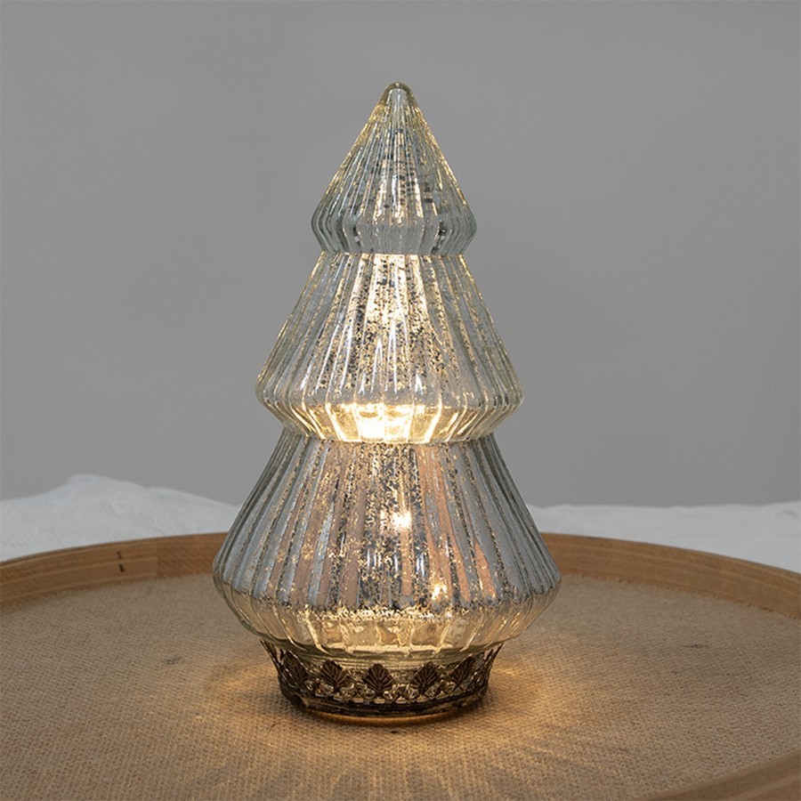 Stříbrný skleněný dekorační svítící stromek LED Tree - Ø 13*23 cm 