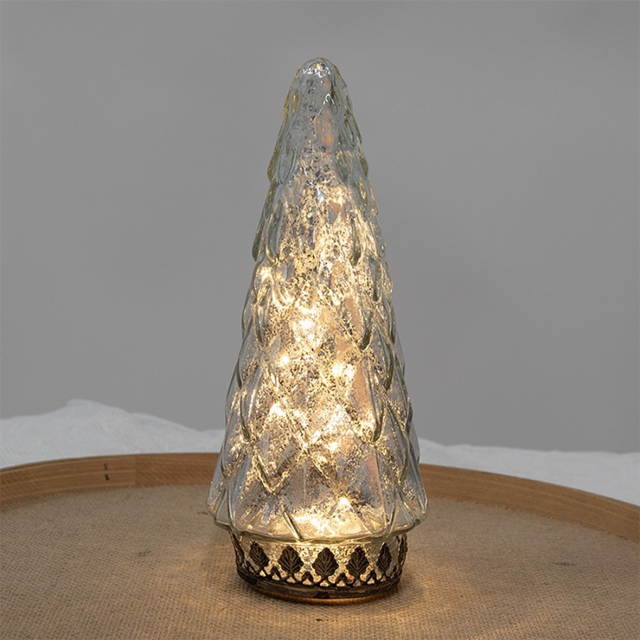 Stříbrný skleněný dekorační svítící stromek LED Tree - Ø 11*24 cm 