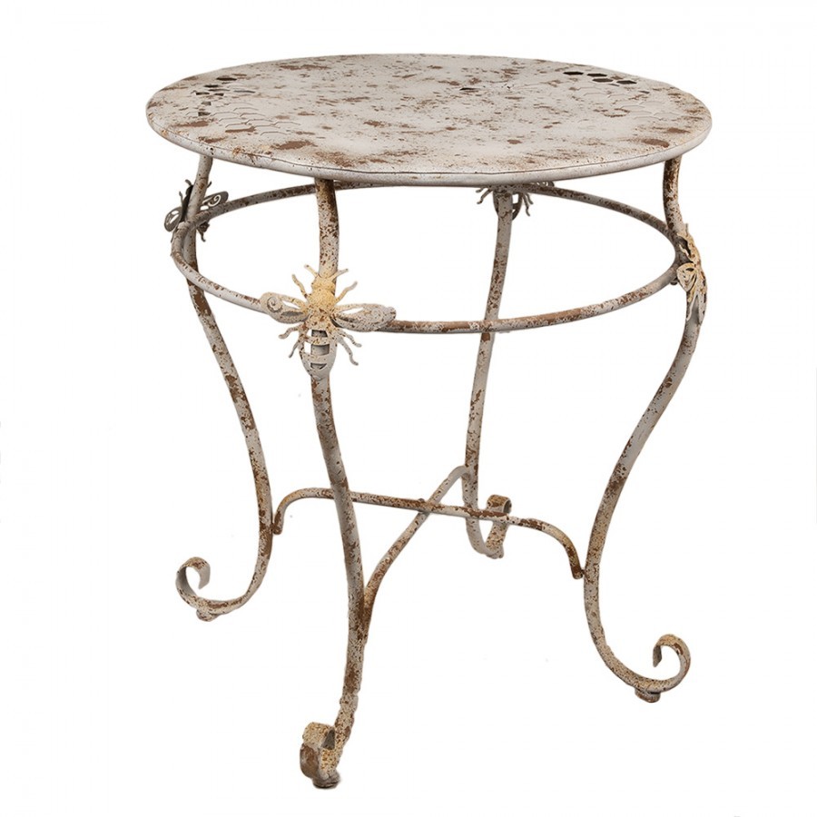 Bílý antik kovový zahradní bistro stůl se včelkami French - Ø 69*76 cm