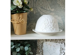 Bílý porcelánový svícen na čajovou svíčku s květinami Paollo - Ø 12 * 8 cm