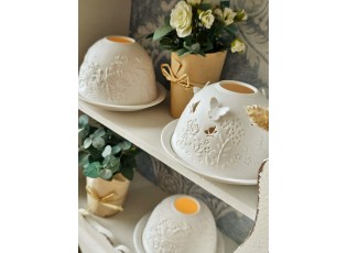 Bílý porcelánový svícen na čajovou svíčku s květinami a ptáčky Paollo - Ø 12 * 8 cm