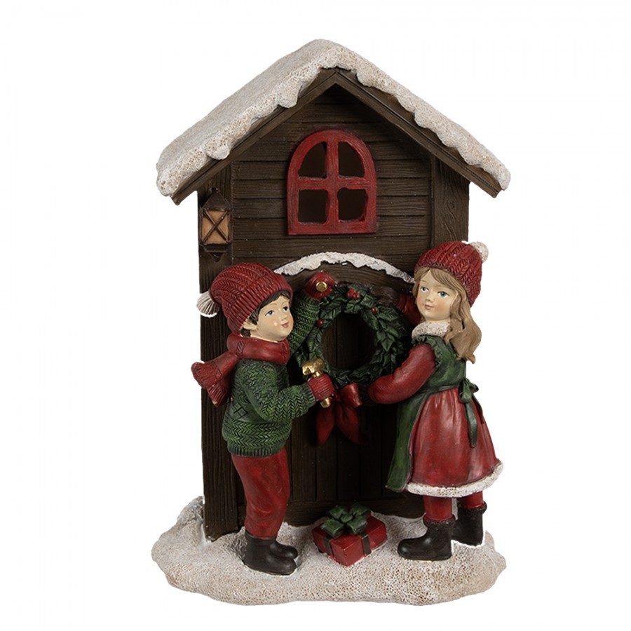 Hnědá vánoční dekorace svítící domek s dětmi - 13*10*20 cm