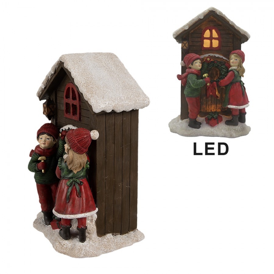 Hnědá vánoční dekorace svítící domek s dětmi - 13*10*20 cm