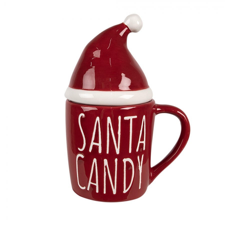 Červený keramický hrnek s čepkou Santa Candy - 12*9*17 cm / 300 ml