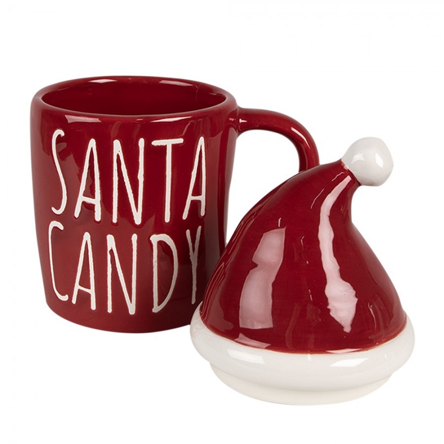 Červený keramický hrnek s čepkou Santa Candy - 12*9*17 cm / 300 ml