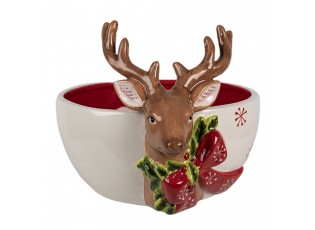Dekorativní bíločervená keramická miska s jelenem Deer - 21*16*7 / 14 cm / 700 ml
