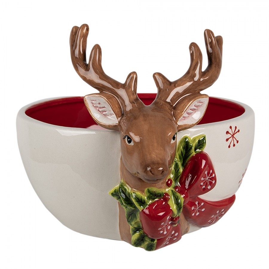 Dekorativní bíločervená keramická miska s jelenem Deer - 21*16*7 / 14 cm / 700 ml