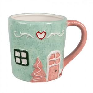 Zelený keramický hrnek v dekoru chaloupky - 13*9*9 cm / 350 ml