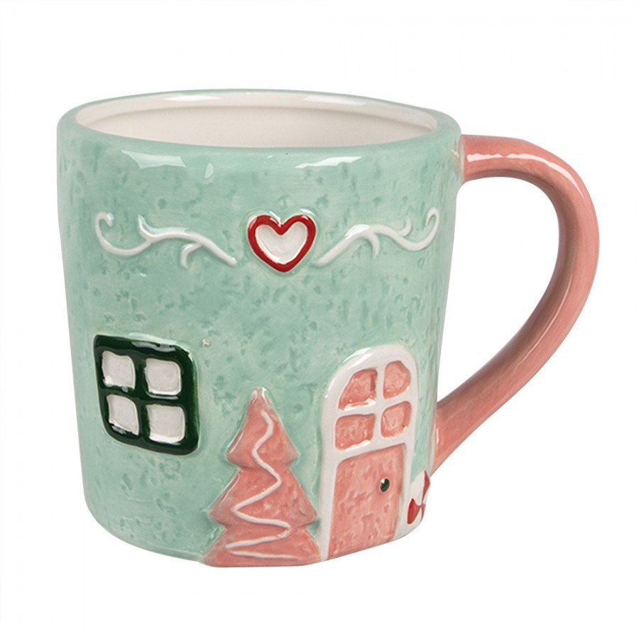 Zelený keramický hrnek v dekoru chaloupky - 13*9*9 cm / 350 ml