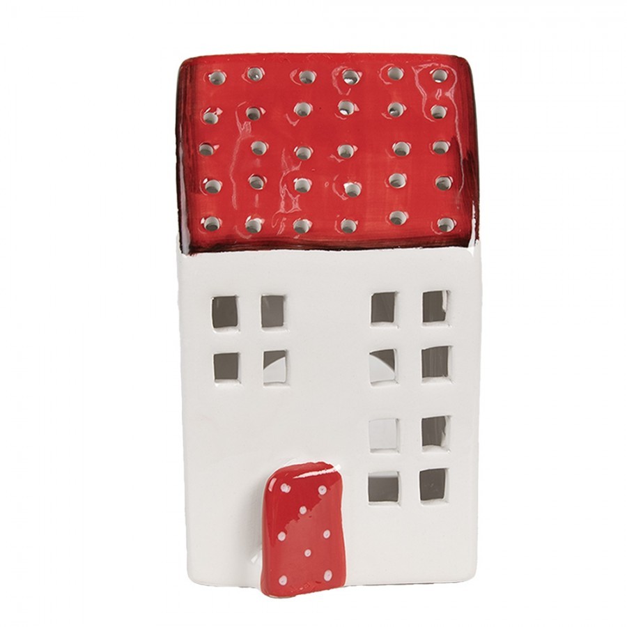 Bílo-červený svícen porcelánový domek - 8*8*15 cm