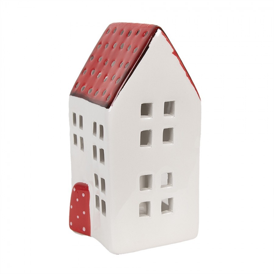Bílo-červený svícen porcelánový domek - 8*8*15 cm