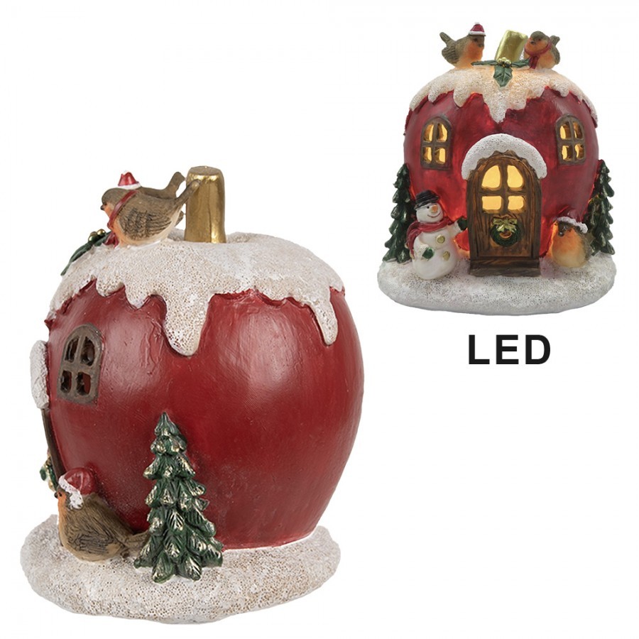 Vánoční dekorace svítící domek jablko s ptáčky - 12*11*13 cm