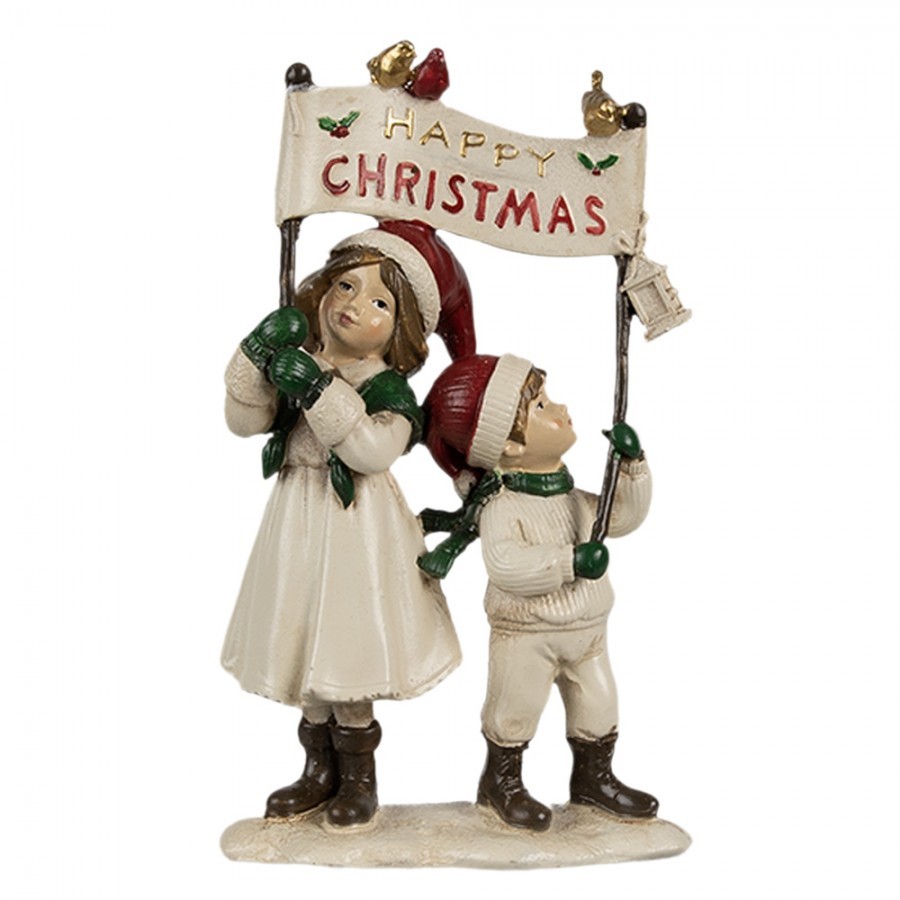 Béžová vánoční dekorace děti s nápisem Happy Christmas - 14*7*23 cm