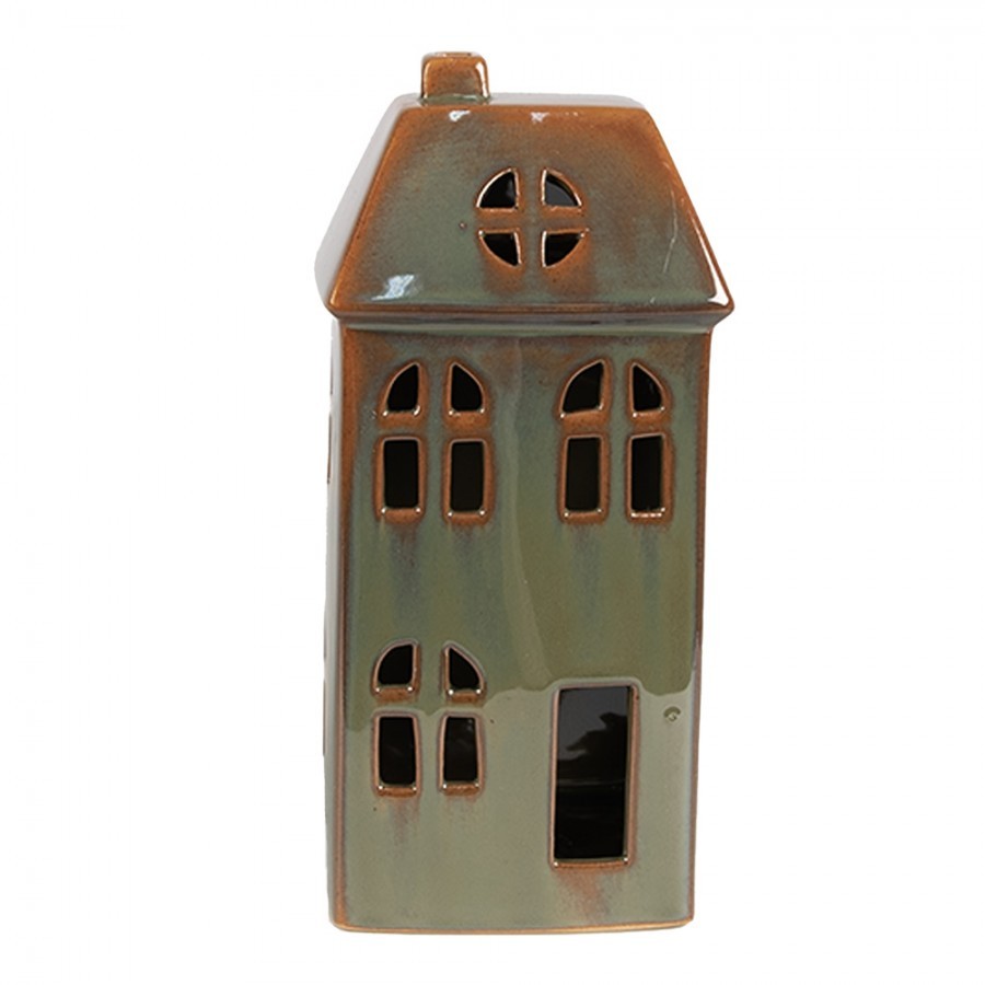 Hnědo-zelený porcelánový svítící domek - 7*6*15 cm