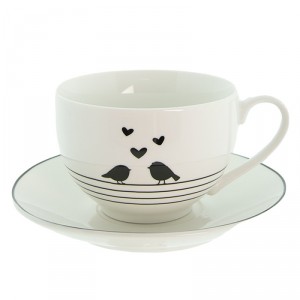Porcelánový šálek s podšálkem s ptáčky Love Birds - 12*9*7 / Ø14*2 cm / 220 ml