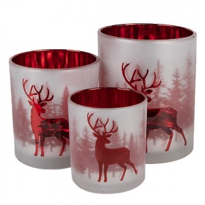 Set 3ks bílo-červený skleněný svícen s jeleny - Ø 7*8 / Ø 9*10 / Ø 10*12 cm