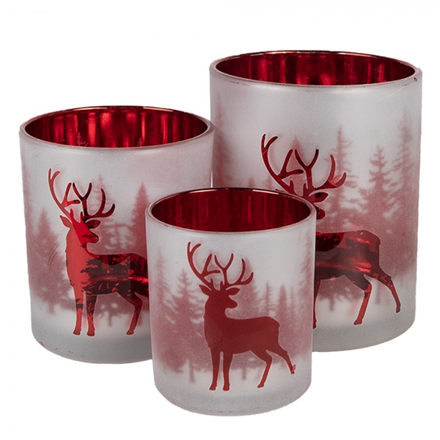 Set 3ks bílo-červený skleněný svícen s jeleny - Ø 7*8 / Ø 9*10 / Ø 10*12 cm