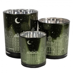 Set 3ks zelený skleněný svícen s domky - Ø 7*8 / Ø 9*10 / Ø 10*12 cm
