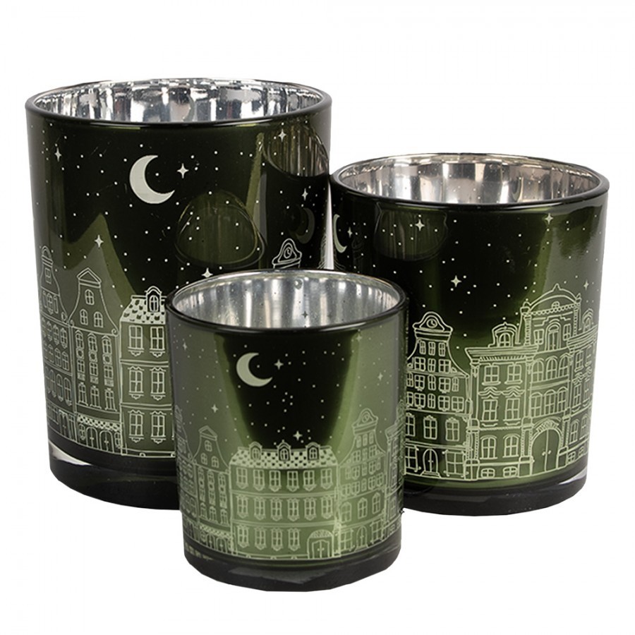Set 3ks zelený skleněný svícen s domky - Ø 7*8 / Ø 9*10 / Ø 10*12 cm