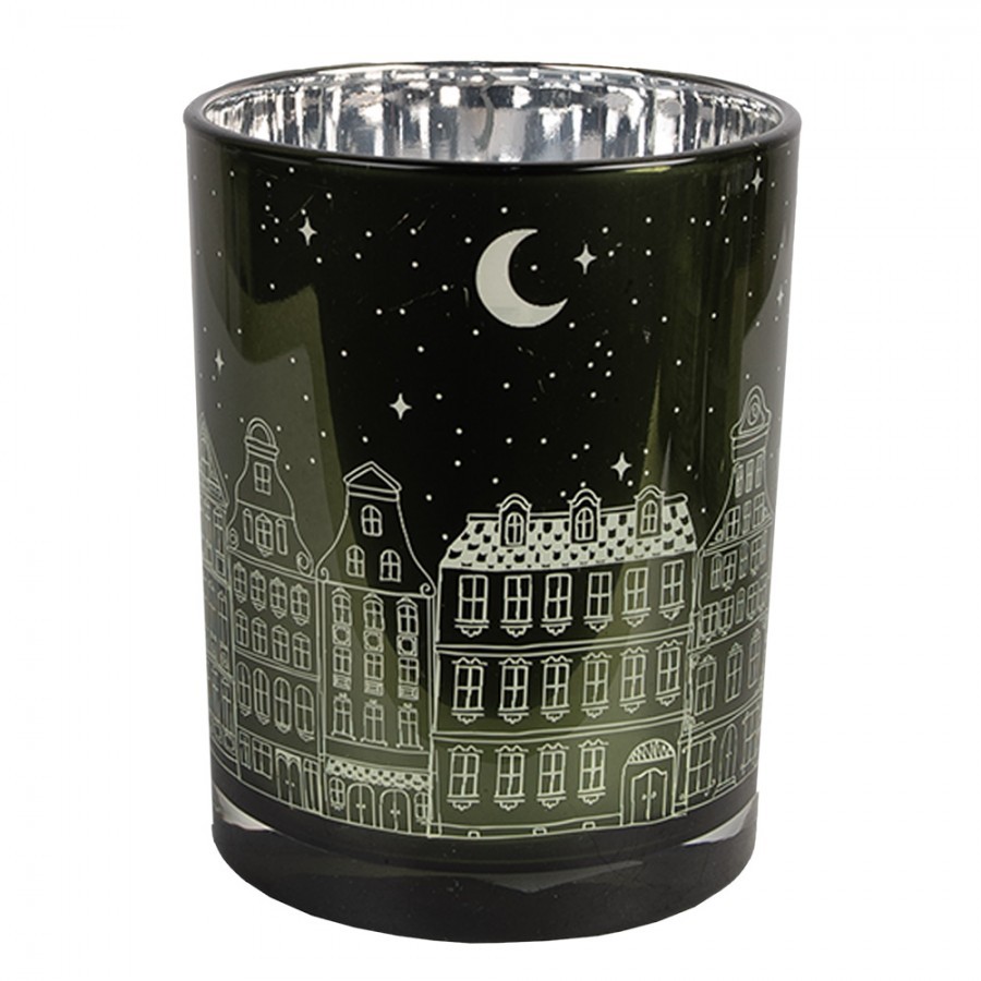 Set 3ks zelený skleněný svícen s domky - Ø 7*8 / Ø 9*10 / Ø 10*12 cm