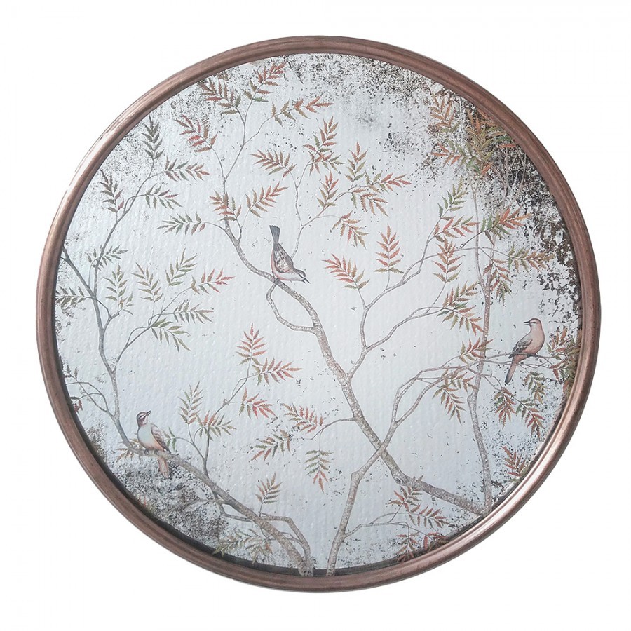 Měděné antik kulaté vintage zrcadlo s ptáčky na větvičkách - Ø 61*3 cm