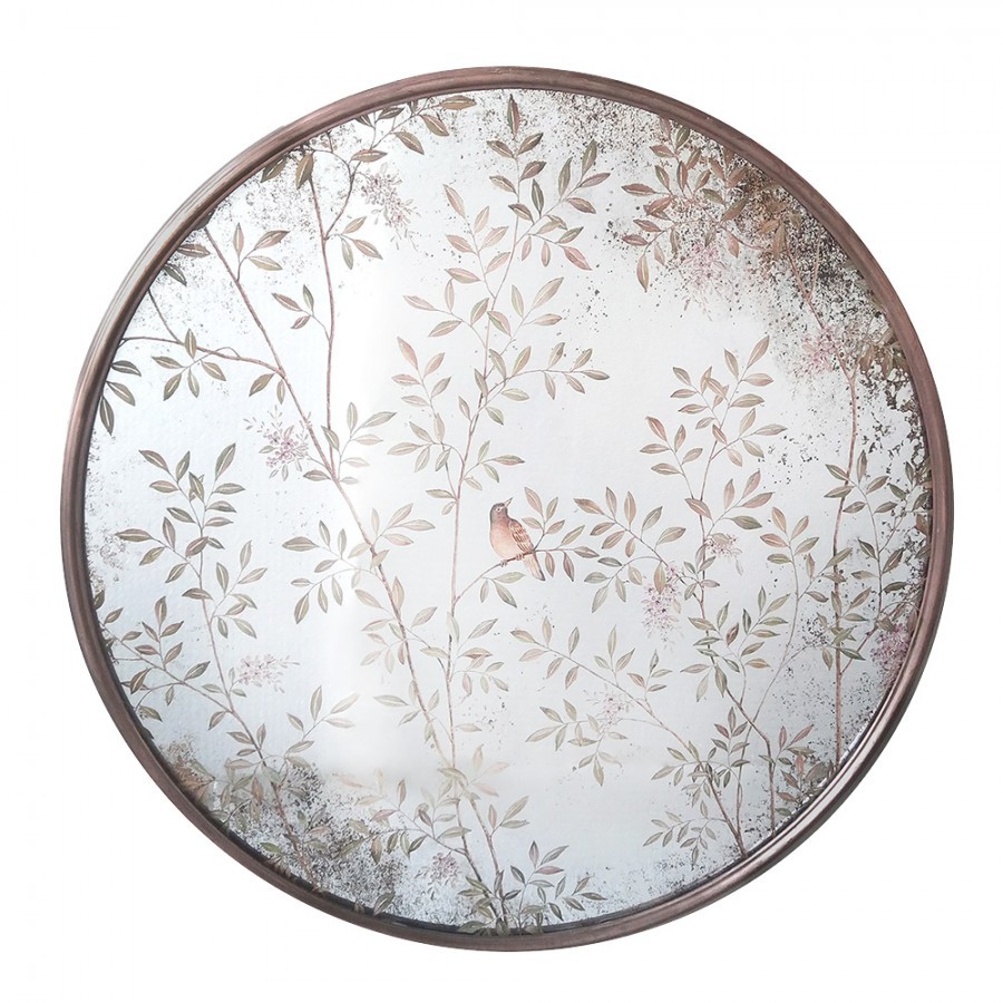 Měděné antik kulaté vintage zrcadlo s ptáčkem na větvičkách - Ø 80*3 cm 