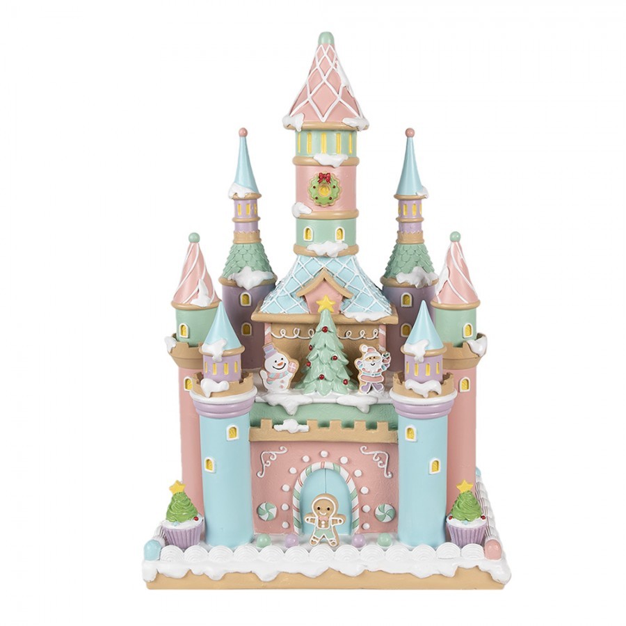 Růžovo-modrý pastelový perníkový zámek Gingerbread House - 27*18*42 cm