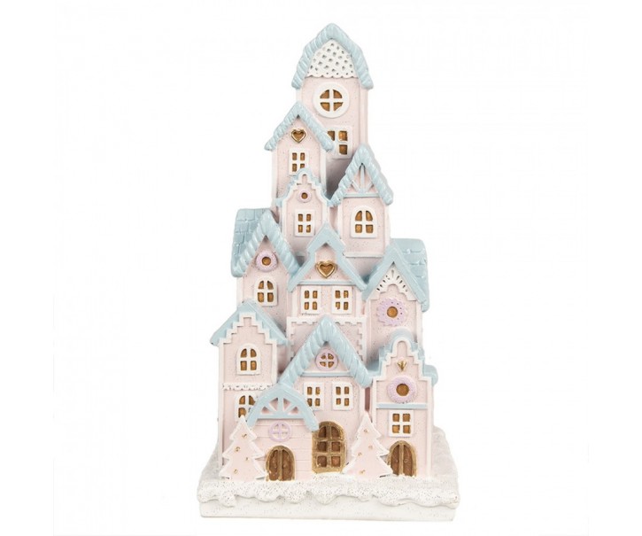 Růžovo-modrá svítící dekorace perníkové domky Gingerbread House - 13*13*26 cm