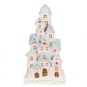 Růžovo-modrá svítící dekorace perníkové domky Gingerbread House - 13*13*26 cm