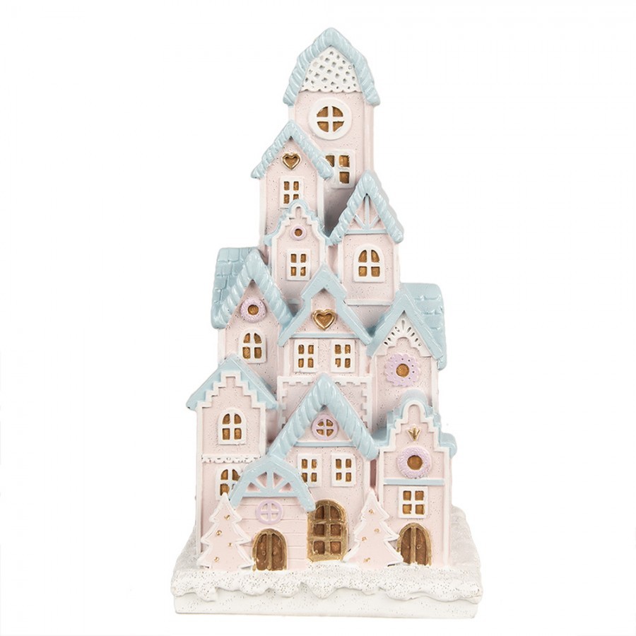 Růžovo-modrá svítící dekorace perníkové domky Gingerbread House - 13*13*26 cm