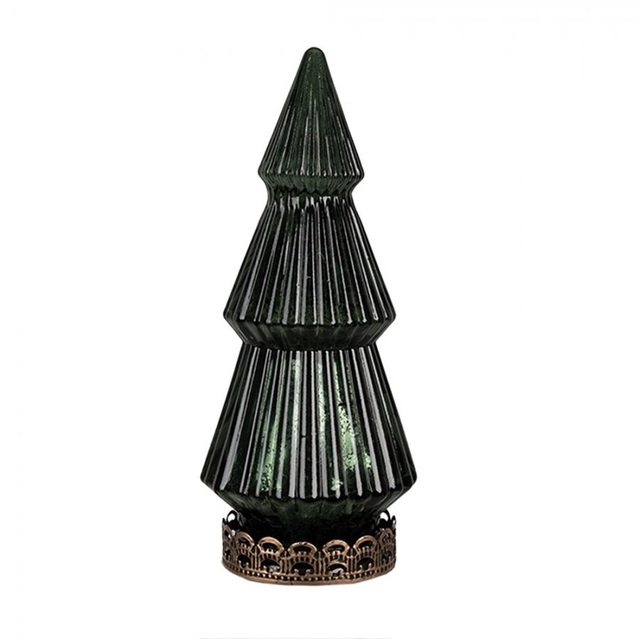 Tmavě zelený skleněný dekorační svítící stromek LED Tree - Ø 13*23 cm 