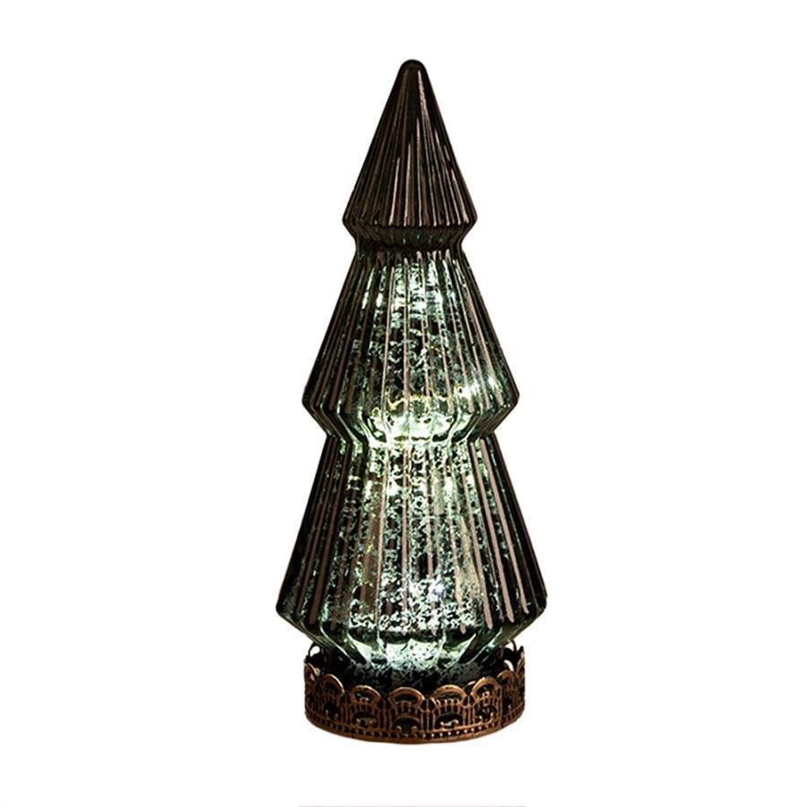 Tmavě zelený skleněný dekorační svítící stromek LED Tree - Ø 13*23 cm 