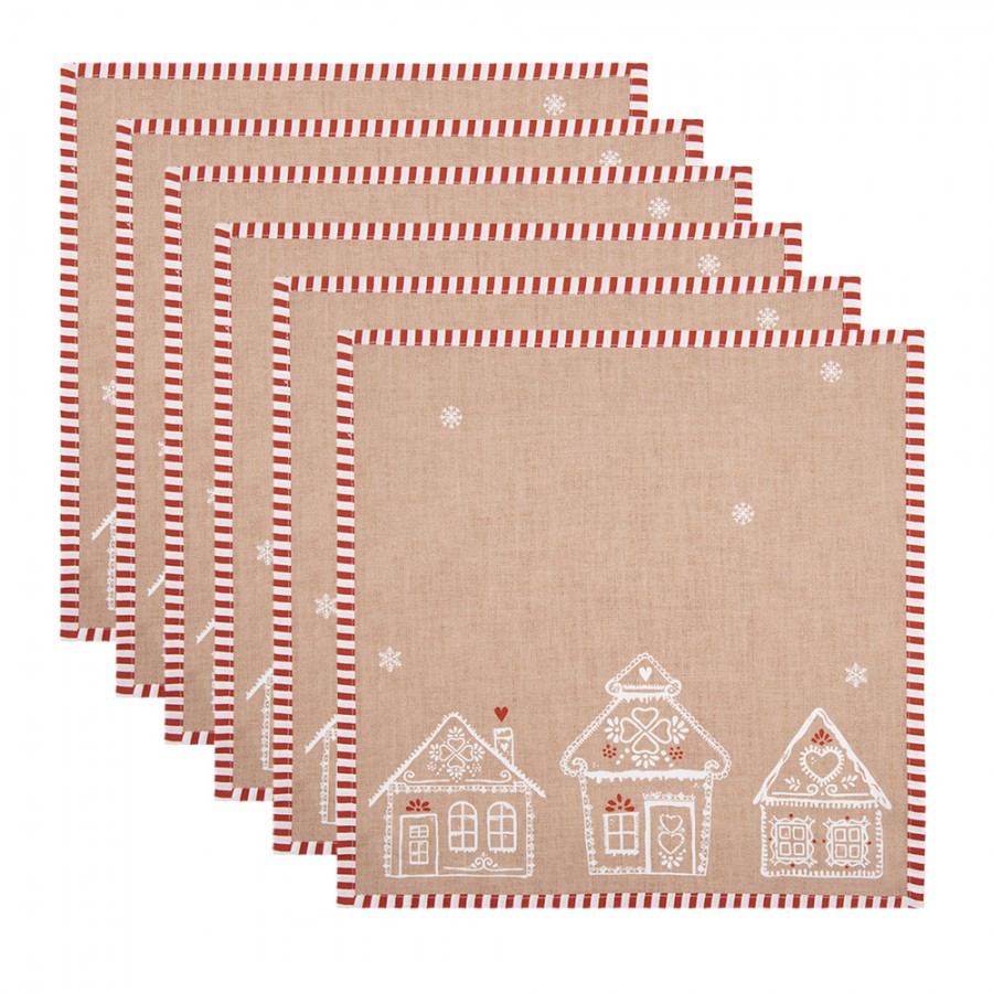 6ks hnědý ubrousek s perníkovými chaloupkami Gingerbread Bliss - 40*40cm