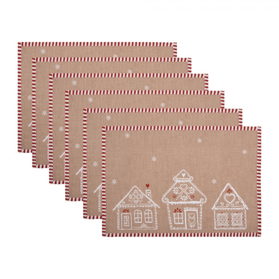 6ks hnědé prostírání s perníkovými chaloupkami Gingerbread Bliss - 48*33 cm