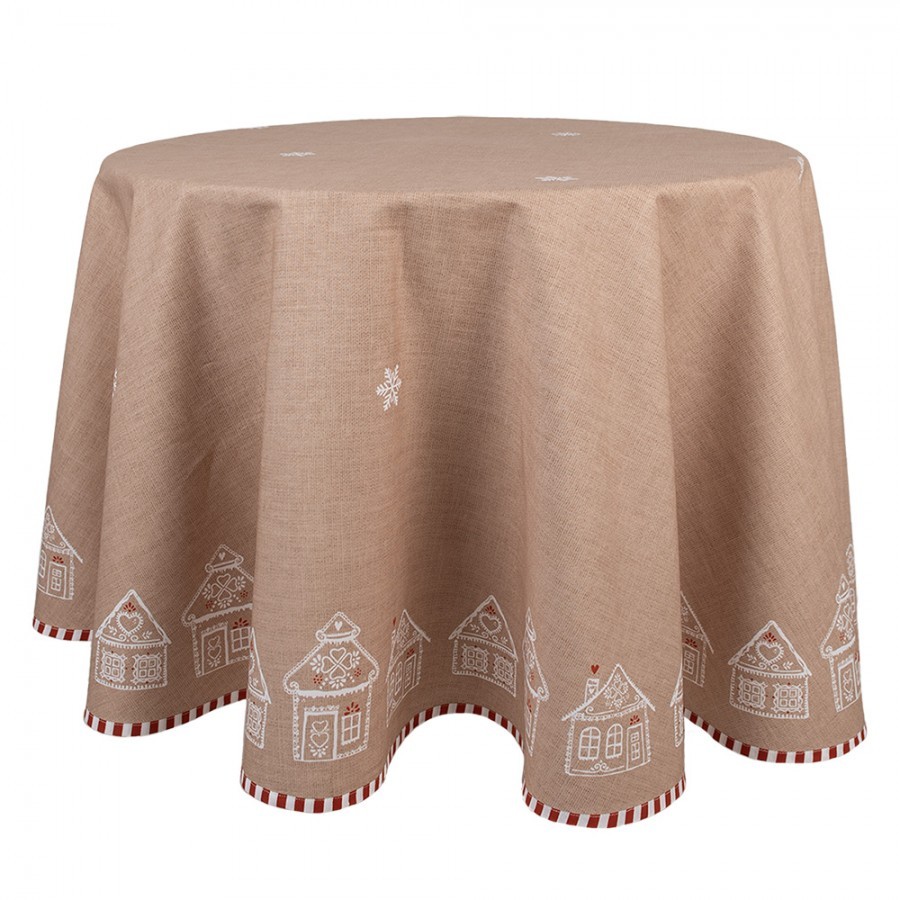 Hnědý kulatý ubrus s perníkovými chaloupkami Gingerbread Bliss - Ø 170 cm