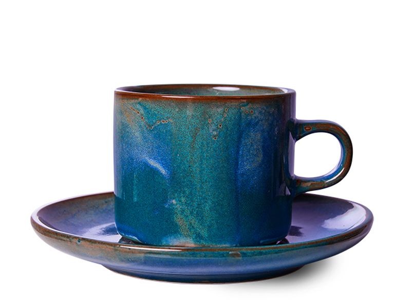 Rustikálně modrý porcelánový šálek s podšálkem Chef - Ø 8*6,5 cm / 220 ml 