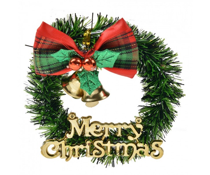 Zelený vánoční věneček se zvonky Merry Christmas - Ø 8 cm Clayre & Eef