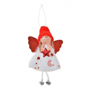 Bílo-červená látková závěsná dekorace anděl s hvězdičkou - 8*3*15 cm