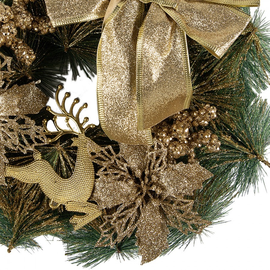 Zeleno-zlatý vánoční věnec s mašlí a jelenem Christmas Deer - Ø 30*7 cm