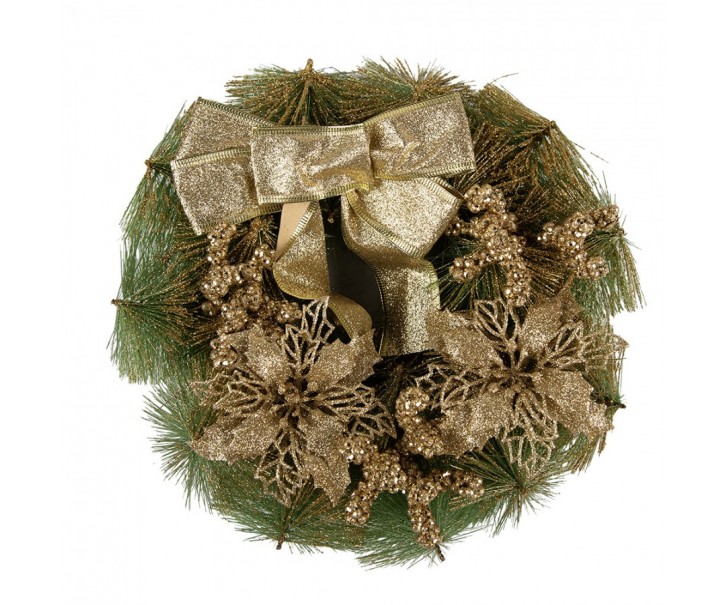 Zeleno-zlatý vánoční věnec s mašlí Christmas Wreath - Ø 30*7 cm