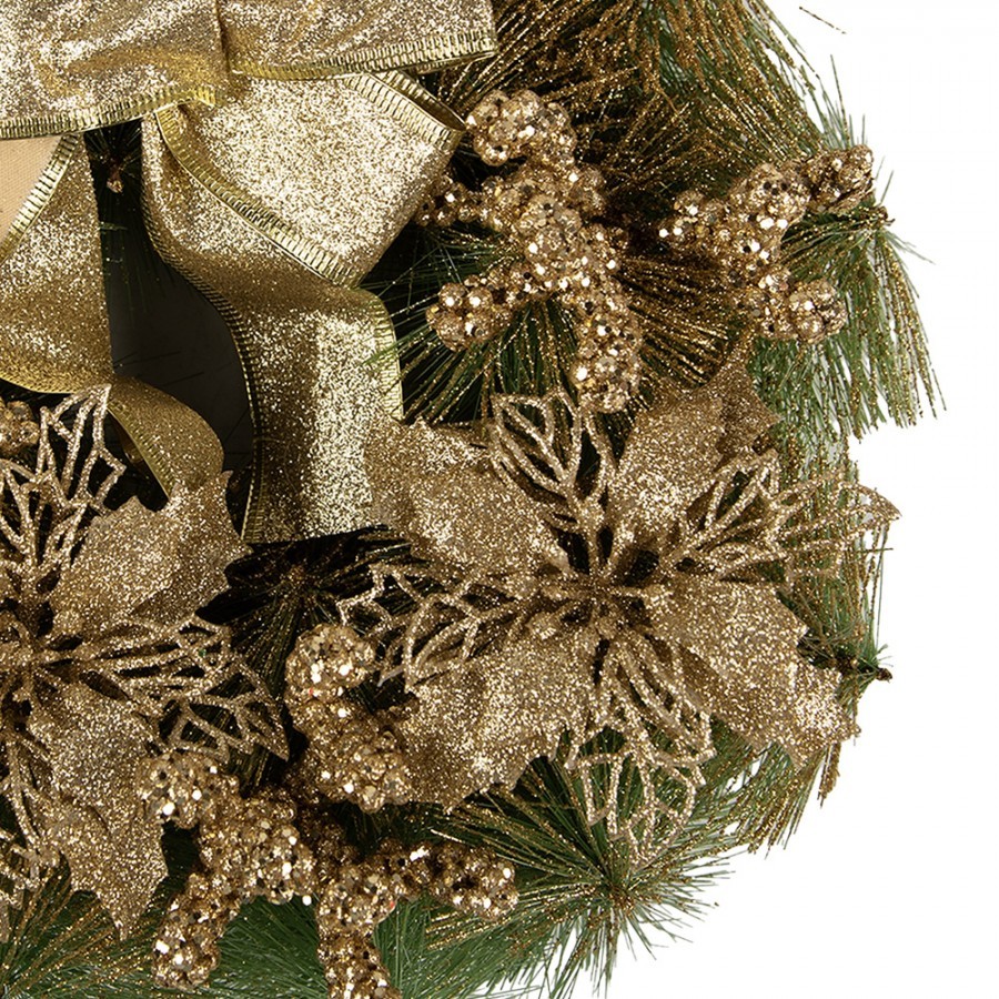 Zeleno-zlatý vánoční věnec s mašlí Christmas Wreath - Ø 30*7 cm