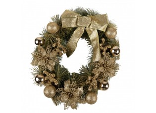 Zeleno-zlatý vánoční věnec s mašlí a koulemi Christmas Wreath - Ø 40*10 cm