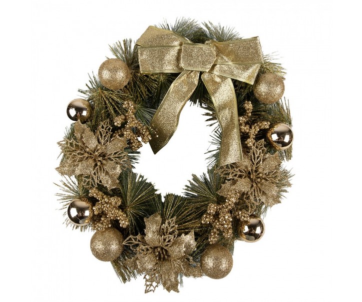 Zeleno-zlatý vánoční věnec s mašlí a koulemi Christmas Wreath - Ø 40*10 cm