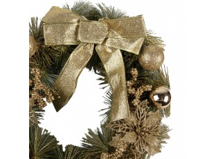 Zeleno-zlatý vánoční věnec s mašlí a koulemi Christmas Wreath - Ø 40*10 cm