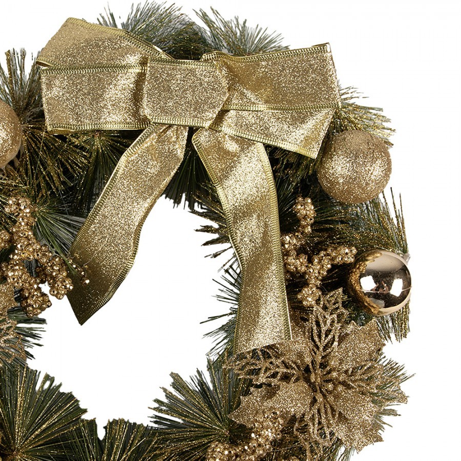 Zeleno-zlatý vánoční věnec s mašlí a koulemi Christmas Wreath - Ø 40*10 cm