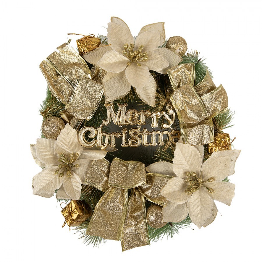 Zeleno-zlatý vánoční věnec s mašlemi Merry Christmas - Ø 30*8 cm