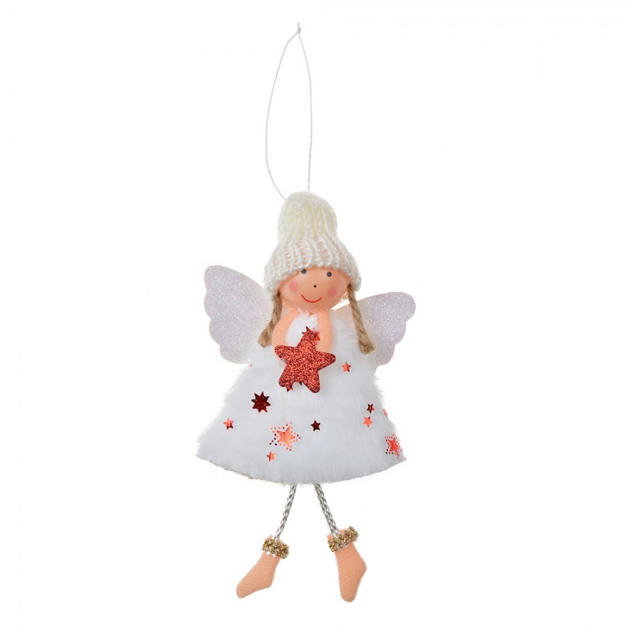 Bílá látková závěsná dekorace anděl s hvězdičkou - 8*3*15 cm