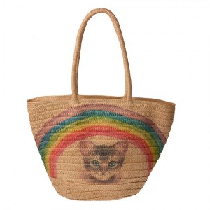Hnědá plážová taška s kočkou a duhou Beach Bag - 44*27*30 cm