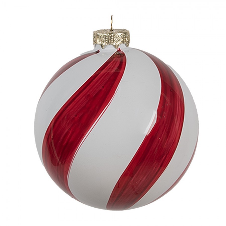 Červenobílá skleněná vánoční ozdoba koule M - Ø 8*8 cm 
